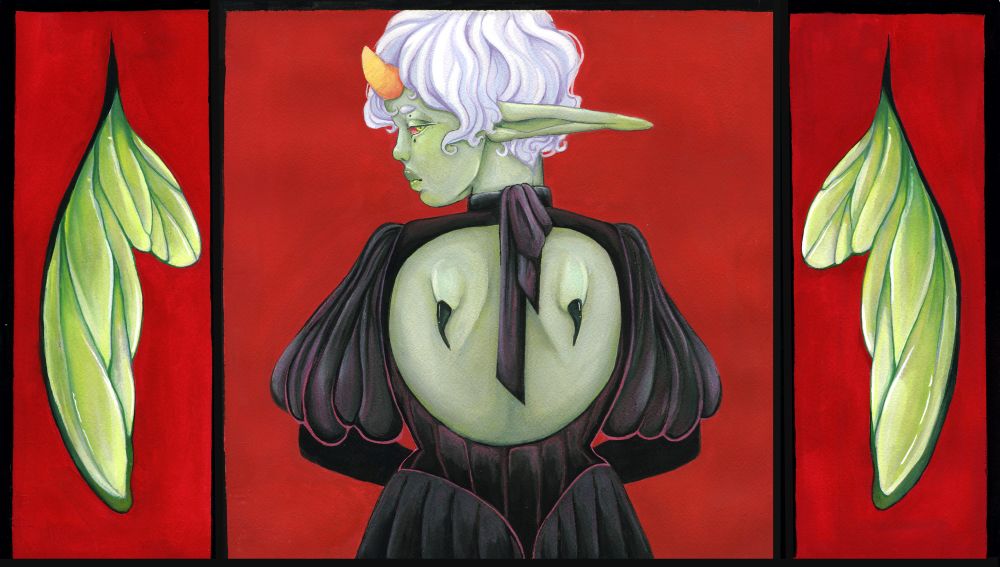 Triptych painting of a bare back limeblood troll looking back at the viewer, their severed wings hang beside them 