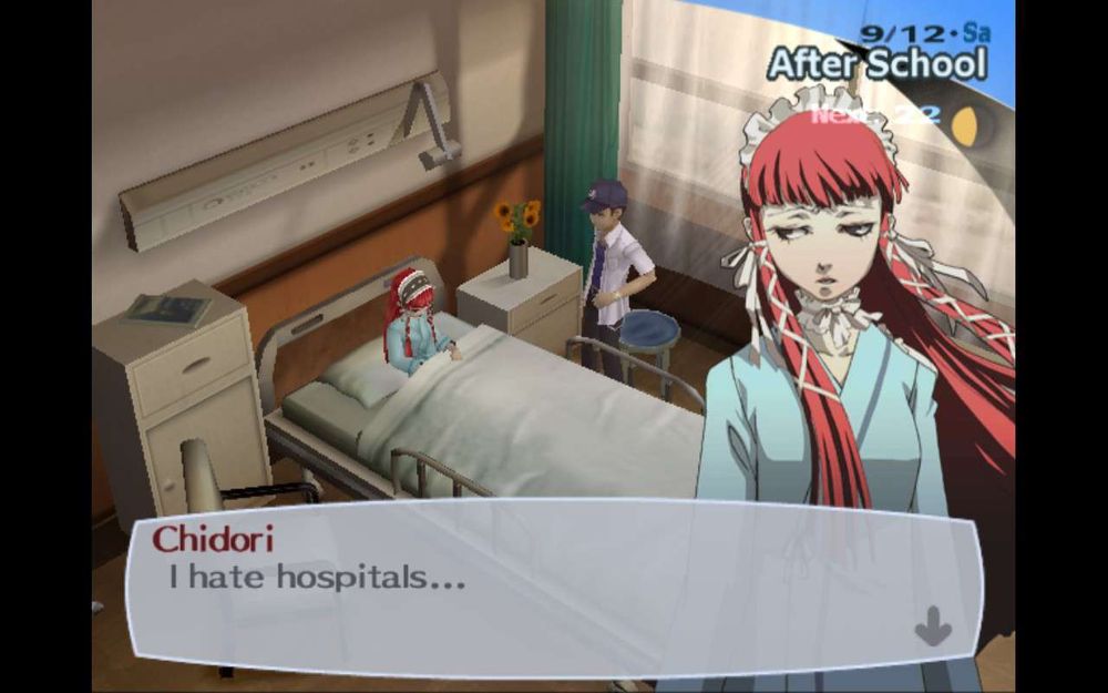 Junpei stands next to Chidori's hospital bed. Chidori looks sad.

Chidori: I hate hospitals...