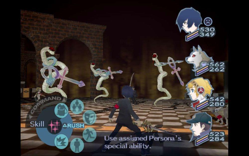 Enemies in Persona 3 that look like floating snakes, each one with a large mars symbol looped around its neck. The tail of each mars symbol has an equally large venus symbol hanging from it. Both symbols rotate around as the snakes move. 

This is an enemy model that has appeared several times before, but this variant has a colour scheme in pastel blue, white, pink, and purple.