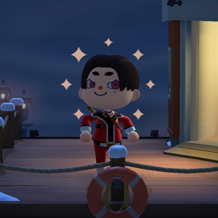Animal Crossing character dressed as Red Keeper posing smugly, surrounded by sparkles.