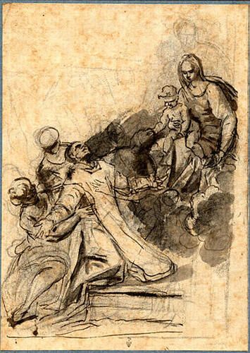 A saint kneeling and supported by angels, in ecstasy before the Virgin and Child on a Cloud