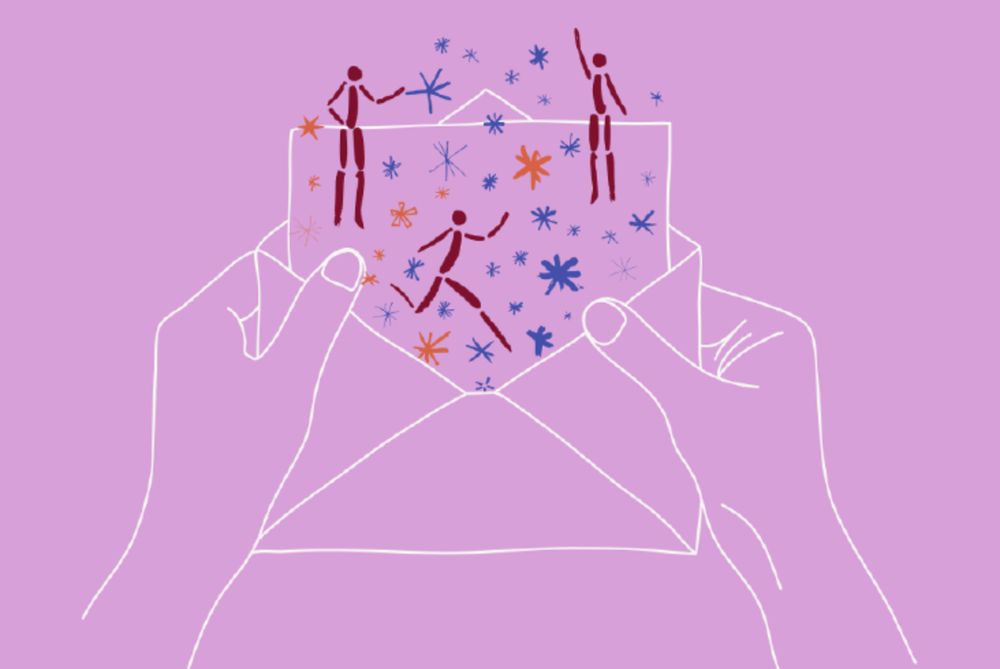 Pink background with a drawing of a pair of hands holding an envelope with a letter half showing within the envelope. Red stick people and Superbloom asterisks on the letter 
