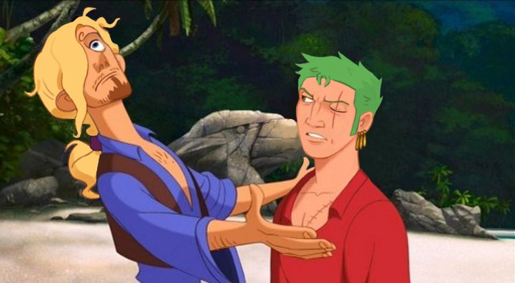 Second version of the above pic, with the characters swapped.
A screencap from Road to El Dorado, with Tulio's face altered to look like Sanji (with long hair) and Miguel is altered to look like Zoro.
They are arguing; Sanji is leaning back and rolling his eyes in exasperation(though one eye is covered with his bangs), while Zoro looks at him with a frown.
