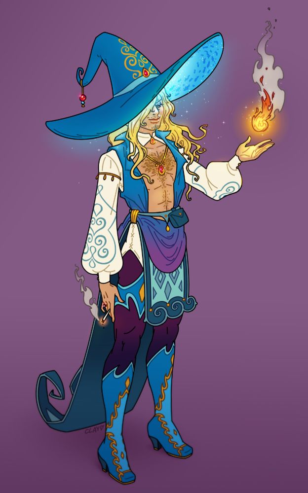 An illustration of Sanji from One Piece, dressed as a wizard. 
The main color of his outfit is blue with plum purple and gold accents, and there are rubies on his hat, one at his neck, and another hanging from a long necklace. 
His tunic is open at the front, exposing most of his hairy chest; it comes together at his waist with a belt. 
He wears long puffy white sleeves with looping embroidery, cuffed tightly at each wrist; in his lowered right hand he loosely holds a lit cigarette, and above his raised left palm he has conjured a small curling flame that licks upwards, bringing smoke with it. His long blonde hair -- only half of it is pulled into a loose ponytail -- seems to waft towards the flame, along with tiny sparkles that are drifting out from his hat's wide inner brim. 
The underside of his hat glows blue, and tiny fish silhouettes swim continuously in a loop, circling the brim as if in a whirlpool. The glow casts down onto his face and hair. He wears a peaceful expression.
