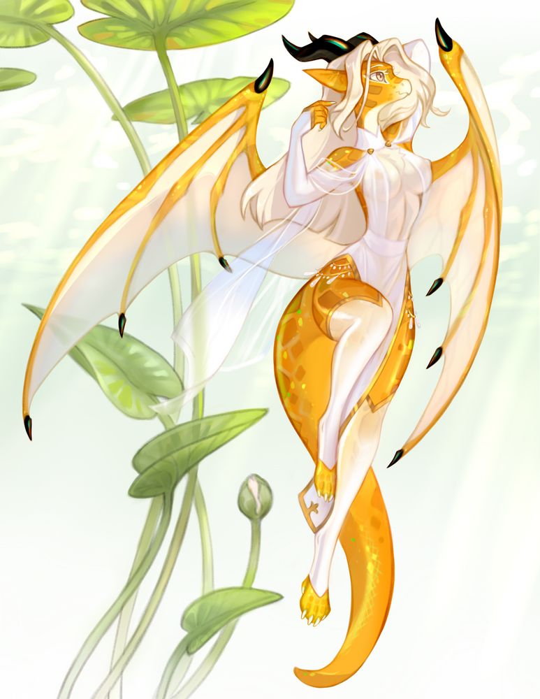The image depicts a graceful, anthropomorphic dragon-like character with golden-yellow scales, large white-and-gold wings, and a long tail. She has a feminine figure, flowing white hair, and black-tipped horns. Her eyes are expressive and golden, and she wears a sheer, flowing white outfit with elegant details. She is posed as if floating or flying, with a soft background of large, green plant leaves and buds bathed in sunlight, creating a dreamy, ethereal atmosphere.