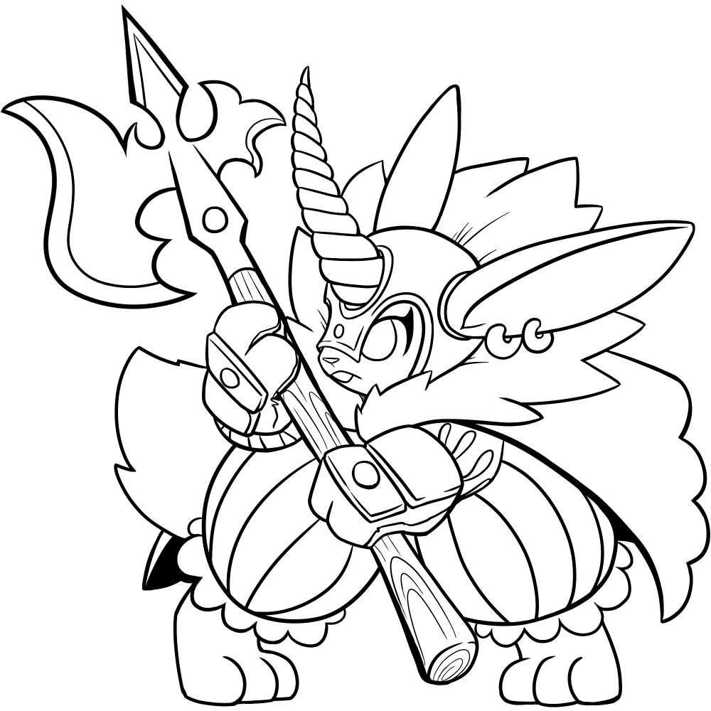 Line drawing of an Almiraj, with a unicorn horn and a halberd