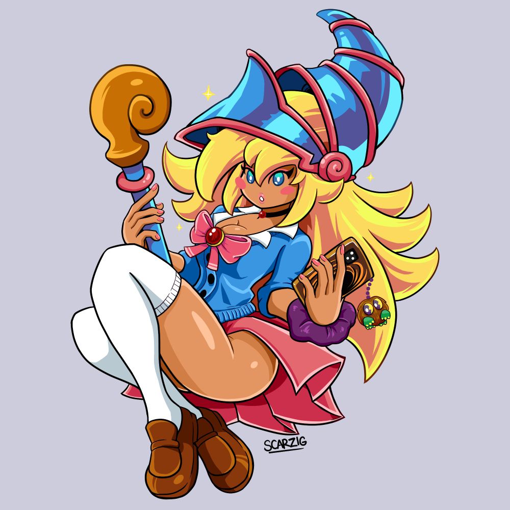 Pin-up drawing of the Dark Magician Girl, borrowing elements of the "gyaru" or "gal" archetype.