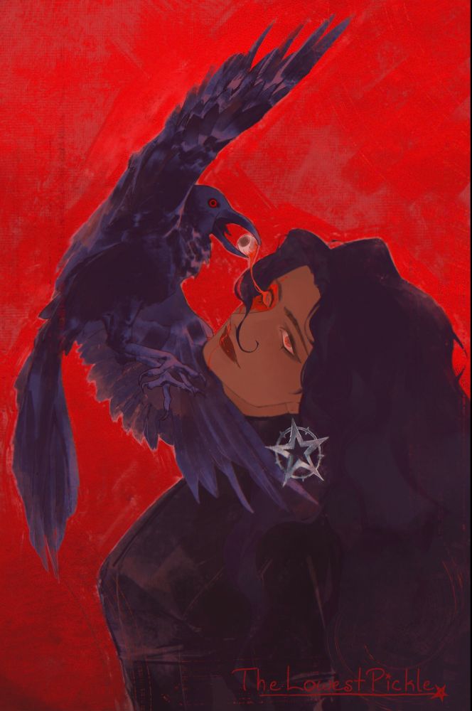 stylized illustration of a woman and the crow plucking her eye out. the woman’s head is tilted towards the viewer, she has one empty eye socket and is covered in blood but is smiling regardless. the crow flys above her with a wing pressed to her neck and her eye in its beak, it is looking towards the viewer as well.