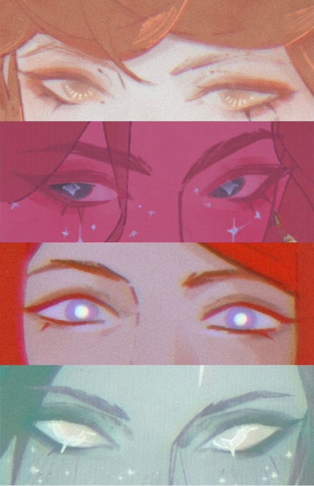image of 4 sets of eyes cropped from various drawings stacked on top of each other 