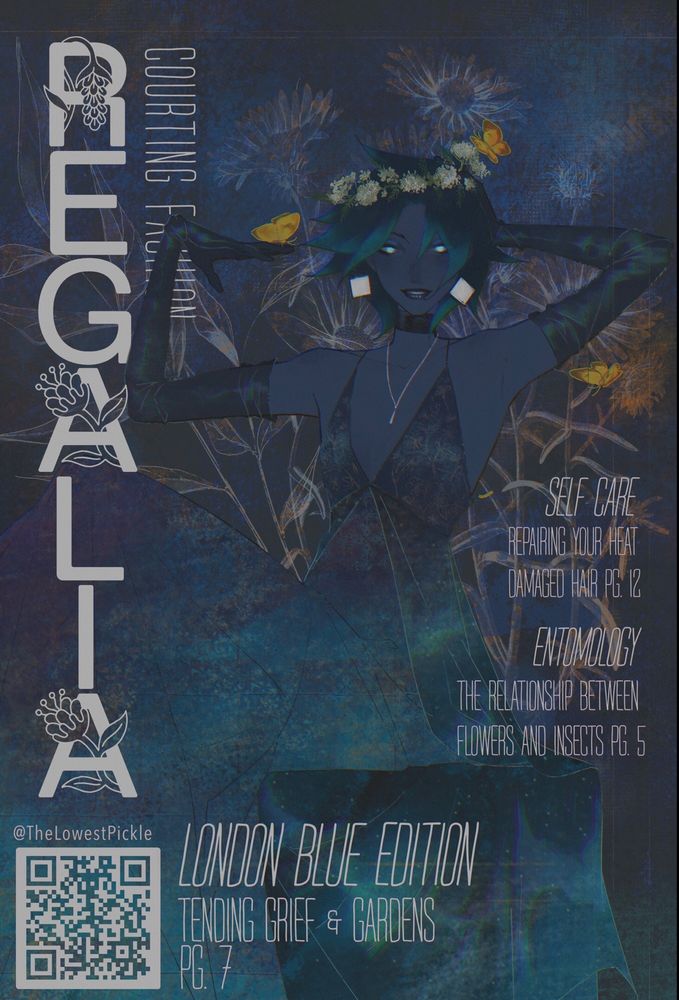 stylized illustration in the cover of a magazine cover, bold text on the left hand side reads “REGALIA: courting fashion”. the backdrop is a variety of vintage botanical illustrations, the subject of the cover is a woman with blue skin and short black hair, she is sitting with one hand resting behind her head and another outstretched with a golden butterfly resting on it while a few more flutter around. she is wearing a dark blue slip dress with teal and gold patterning, and a yarrow flower crown on her head, she is smiling radiantly. 