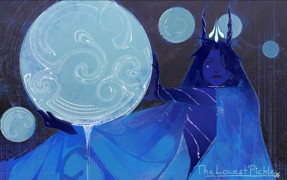 stylized illustration of a goddess holding up a moon, the moon is filled with swirling white water, some of which spills out the bottom. there are 4 accompanying smaller moons. the goddess herself is blue, her hair is short and wild and she wears the ocean over her head like a veil, which is draped over her arms as she holds up the moon. she stares directly ahead to the viewer. 