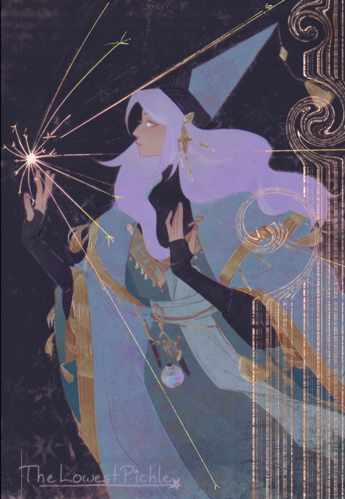 stylized illustration of a witch hat atelier oc, she is wearing a witch cap and cloak. the flowing cloak is trimmed in gold and danglies, her dress underneath is trimmed with gold and tassels, her witches tools hang off her waist on a chatelaine. one hand is resting on her chest and another is outreached to the left, reaching towards a firework spark. multicolored sparks spray past her as she smiles gently. 
