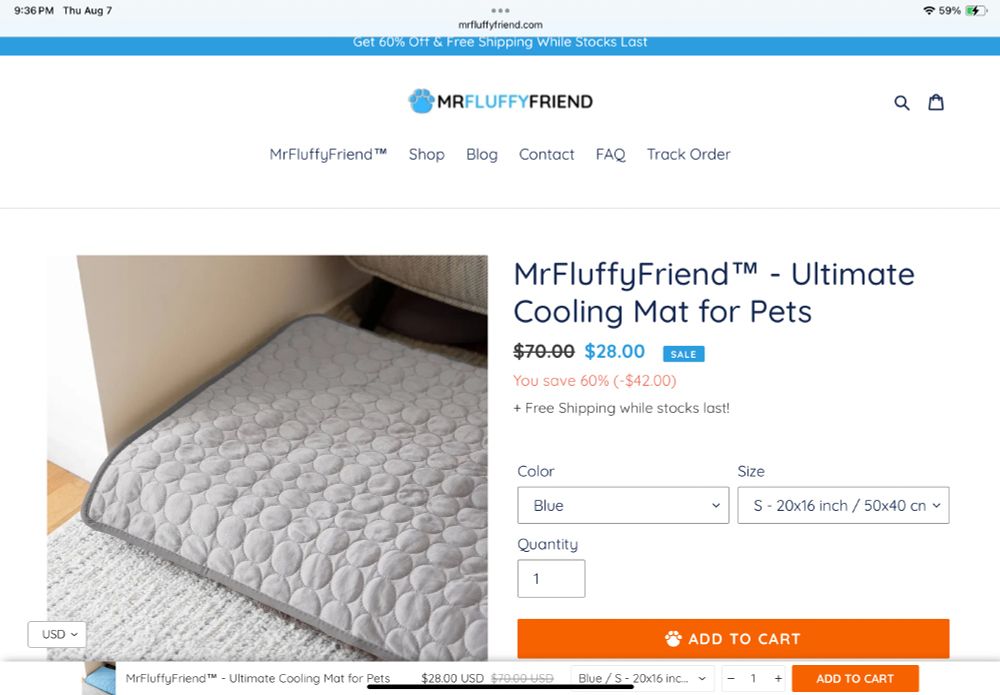 A screenshot of a beige cooling mat meant for dog use. The name of the company selling the product is Mr. Fluffy Friend.