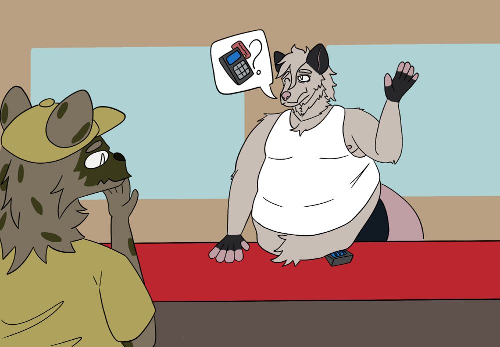 A fat opossum looking for a card reader in a restaurant. It’s stuck underneath his belly. An employee looks concerned.