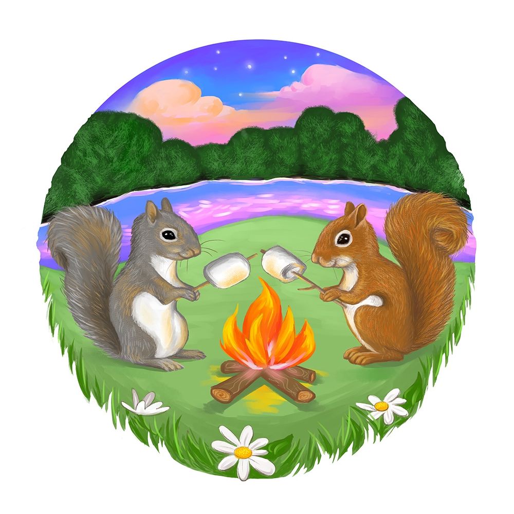 A colorful painting of 2 squirrels roasting a marshmallows
