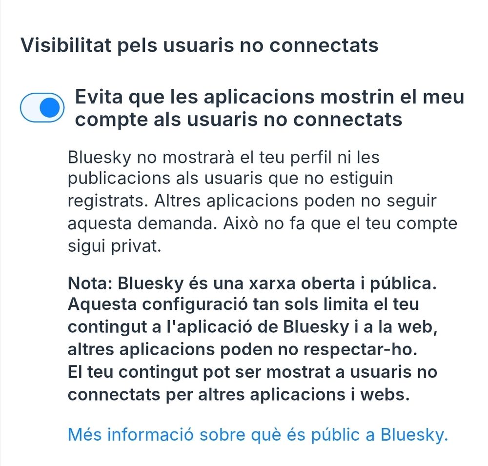 Captura de pantalla de la opción de moderación que Visibilidad para usarios no conectados: ON Evita que las aplicaciones muestren el contenido de mi cuenta a los usuarios no conectados.

Así vuestros posts no se podrán ver ni compartir en Xitter u otras redes, medios y webs. 