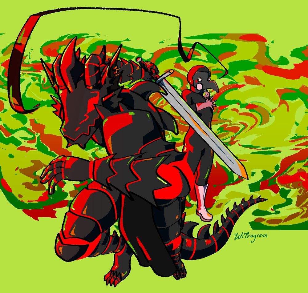 a black, heavily armored dragonborn charges toward the viewer with a sword, as a plague doctor casts a spell in the background to buff the dragonborn