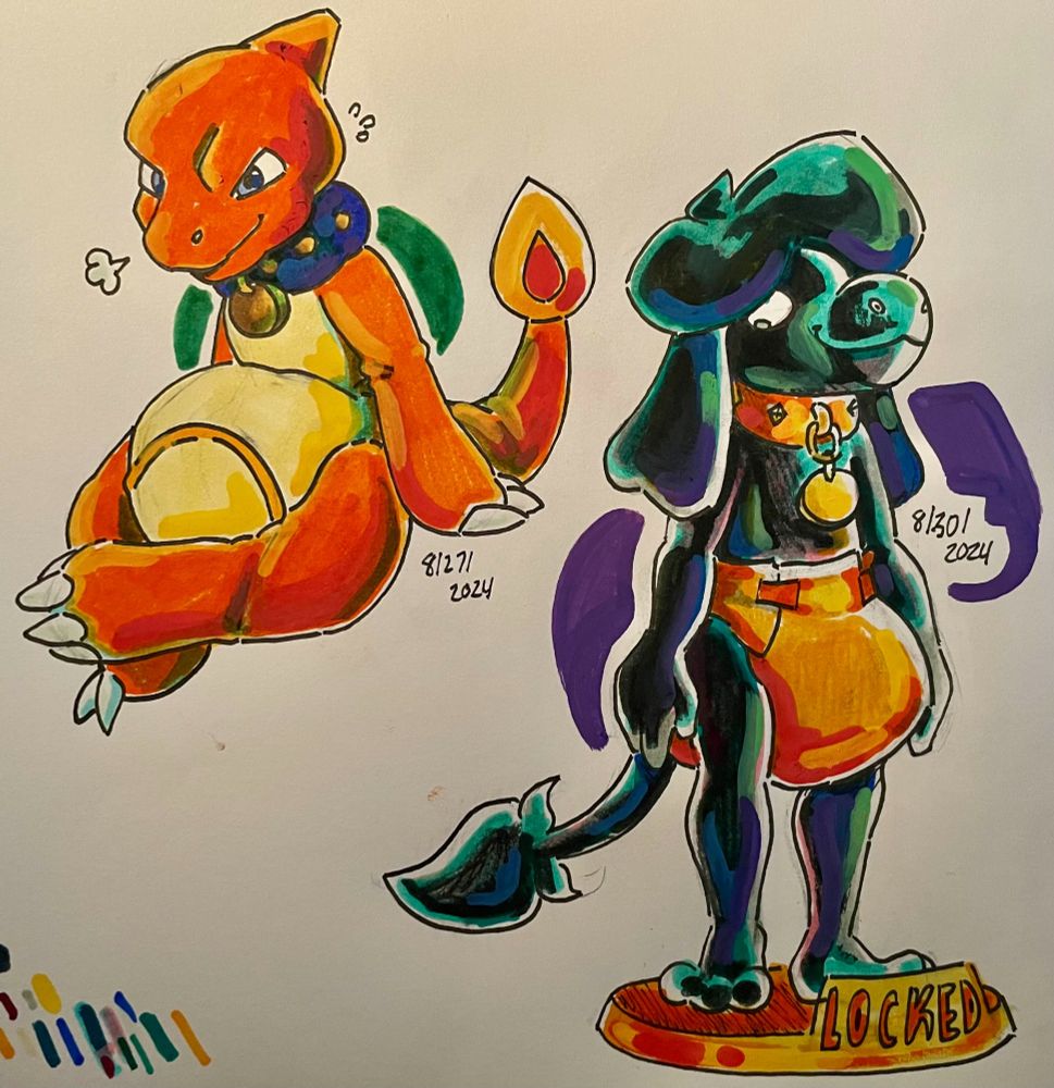 Two drawings on traditional paper. The first is of a character stuck in a plush Charmeleon costume with a visible diaper bulging between their legs under the costume, and the second is of my smeargle character Meek covered in a shiny blue latex casing with an orange collar and diaper, locked on some type of pedestal. 