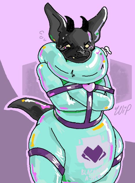 a black rubbery gargoyle in a straitjacket, diaper and inflatable collar