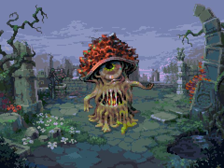 A Pixelart scene depicting a giant fungus monster in a courtyard surrounded by old fallen stone pillars.