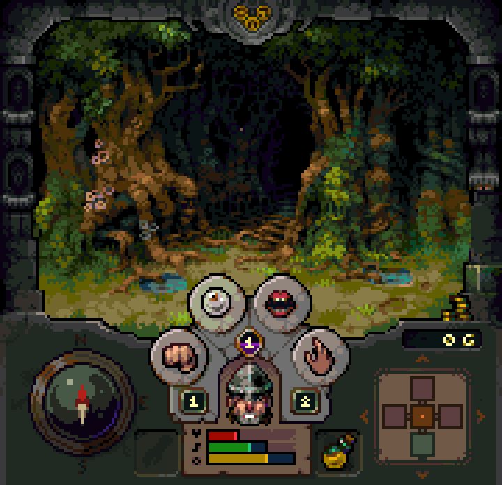 A game mockup in pixelart - a forest dungeon entrance.