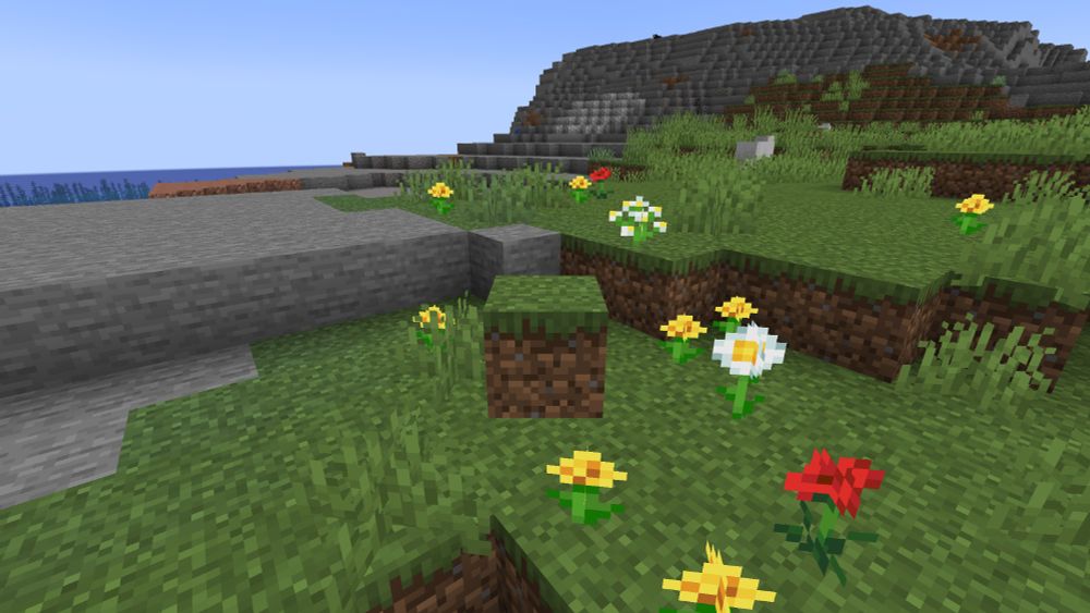 A screenshot of a Minecraft world, with the player having a Grass Block as the player model.