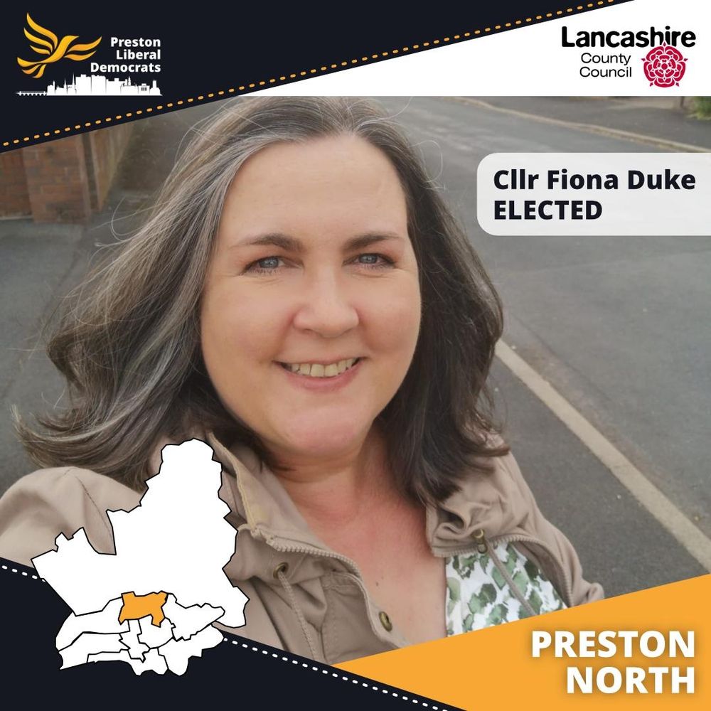 County councillor Fiona Duke smiling. Includes a graphic of where the Preston North Division is.