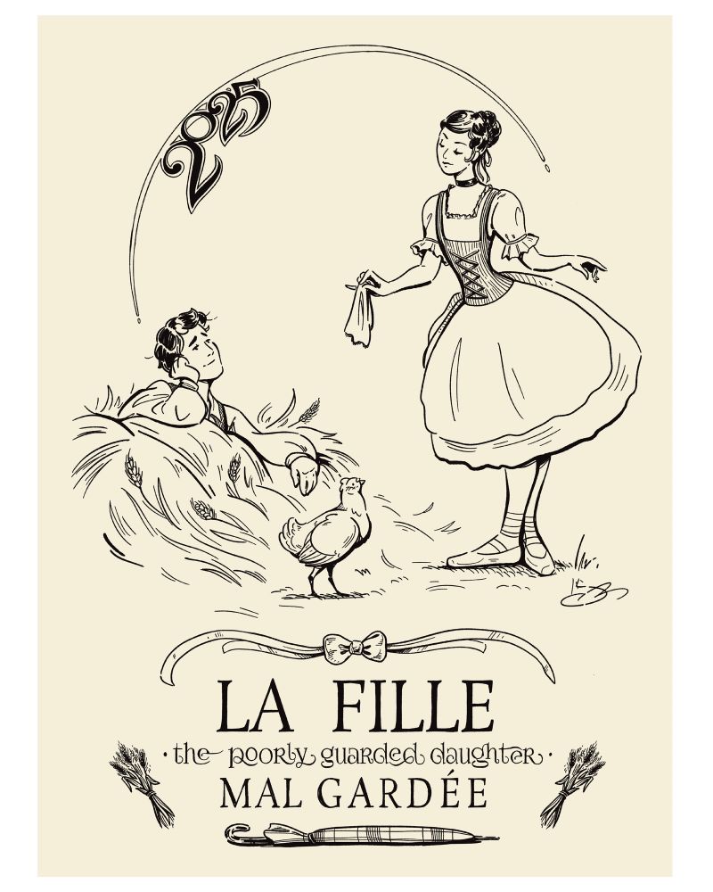 A victorian inspired poster design for Dance Place Camden’s presentation of the comedic ballet “La Fille Mal Gardée” aka “the poorly guarded daughter”. A charmingly dressed peasant ballet dancer offers her handkerchief to a smitten suitor leaning out of a pile of hay. There is a chicken center stage and she is clearly the lead role (chicken gang). 