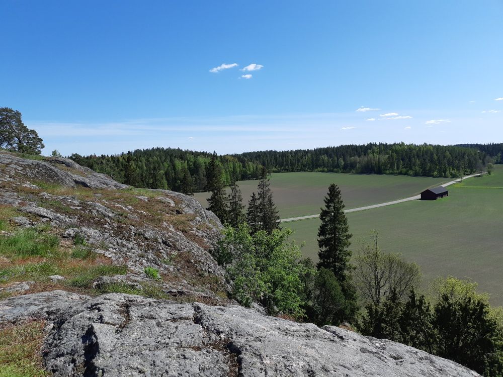 Liedon Vanhalinna toukokuun auringossa. Kalliota, puita, peltoa, tie.