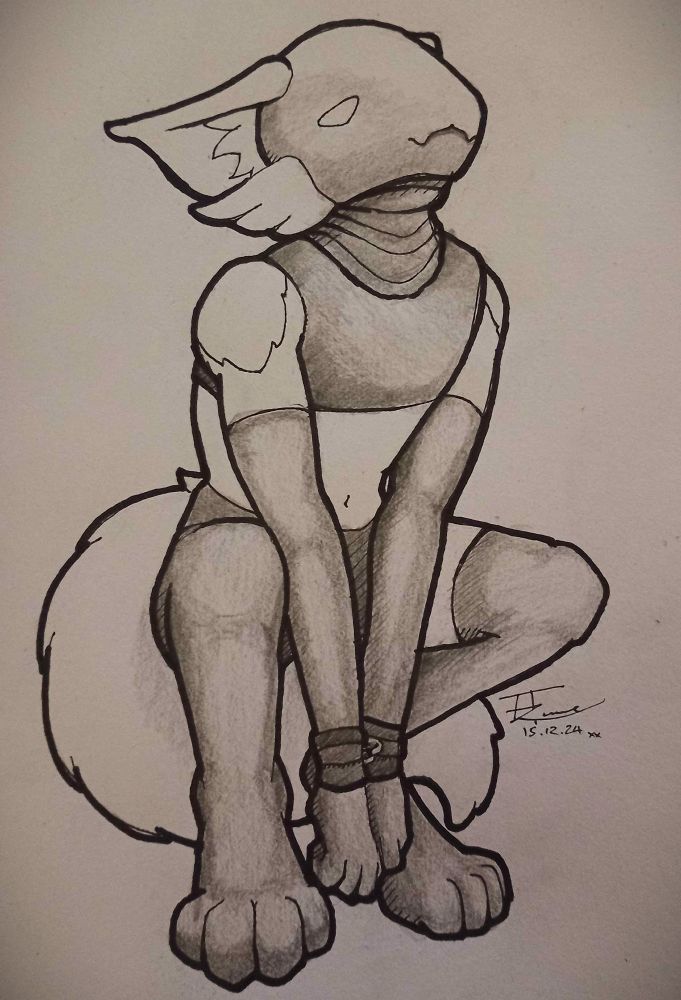 An anthro (fox) figure crouched on their haunhes looks up at an unseen viewer. They wear a futuristic visor, long sleeved gloves, theigh highs and a half-cut crop top. Their wrists are bound and they look up emploringly - with a hint of wry enjoyment.