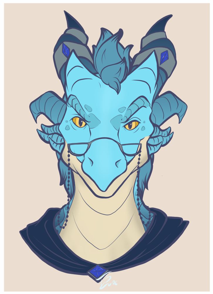 A front-on view drawing of a blue and tan Dragon/Dracthyr wearing half-moon spectacles. 