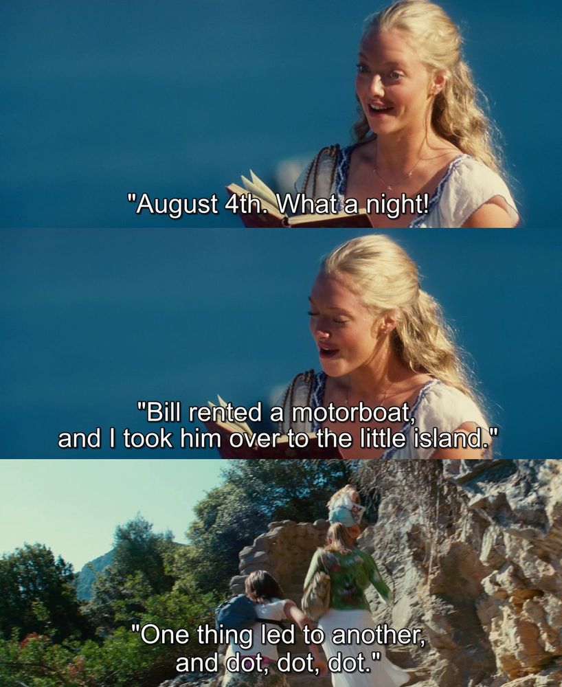 3 Screenshots from the move "Mamma Mia!" (2008): First, a young woman with long blonde hair reads from a diary with a bright smile, with the blue sea in the background, and the subtitle reads, ""August 4th. What a night!"". Second, the same woman continues reading from the diary with a knowing look, and the subtitle says, ""Bill rented a motorboat, and I took him over to the little island."". Third, the woman and her two friends are seen from behind, climbing a sunny, rocky path on a Greek island, with the subtitle, ""One thing led to another, and dot, dot, dot."".