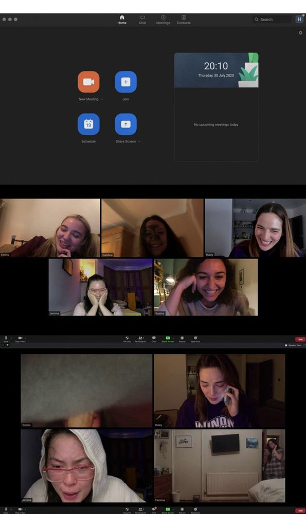 3 Screenshots from the movie "Host" (2020): First, the Zoom application home screen is displayed on a computer, showing the time and date as 20:10, Thursday, 30 July 2020, with options for new meeting, join, schedule, and share screen. Second, a Zoom video call with six participants, each in their own dimly lit room, some appearing anxious or distracted. Third, another view of the Zoom call with four participants, one wrapped in a blanket, another in a bedroom with a person standing in the background near the door, creating a sense of unease.