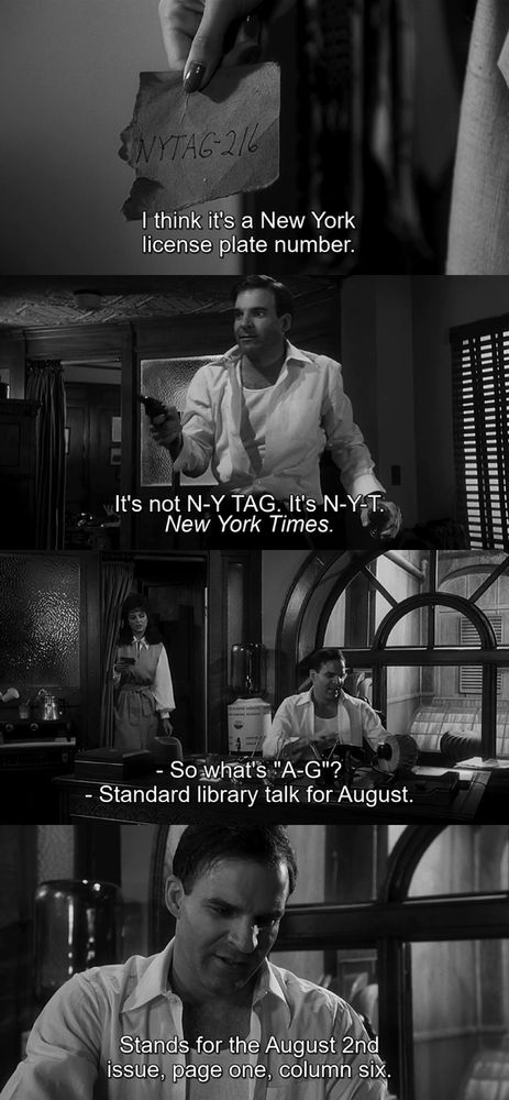 4 Screenshots from the move "Dead Men Don't Wear Plaid" (1982): First, a black and white close-up shows a woman's hand with dark nail polish holding a torn piece of paper that reads "NYTAG-216". The subtitle says, "I think it's a New York license plate number.". Second, a man in a white shirt stands in a dimly lit office, looking off-screen. The black and white scene has the subtitle, "It's not N-Y TAG. It's N-Y-T. New York Times.". Third, in the same black and white office, a woman stands in a doorway while the man sits at a desk. The subtitles read, "- So what's 'A-G'? - Standard library talk for August.". Fourth, a close-up of the man looking down with a slight smile as he figures out the clue. The subtitle reads, "Stands for the August 2nd issue, page one, column six.".