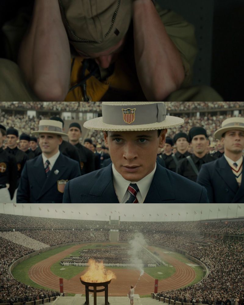 3 Screenshots from the movie "Unbroken" (2014): First, a man in military attire sits hunched over with his head down and hands covering his ears, conveying distress or fear. Second, a group of athletes in formal uniforms and hats stand in formation at a crowded stadium, with a focus on one individual in the foreground. Third, a wide shot of an Olympic stadium filled with spectators, as an athlete lights the Olympic cauldron with a torch, smoke and flames rising above the track.