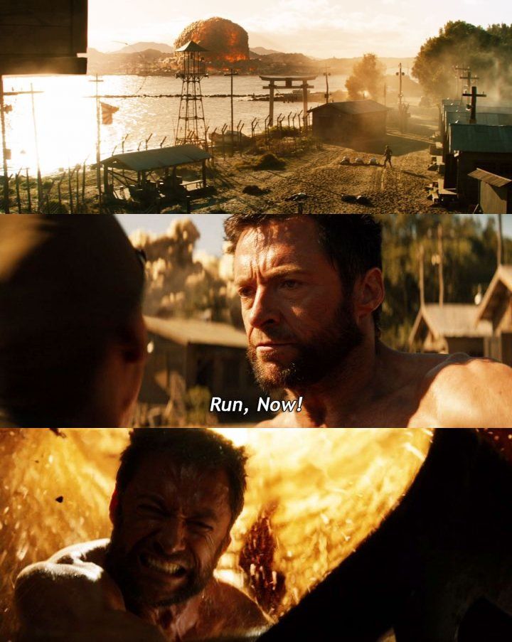 3 Screenshots from the movie "The Wolverine" (2013): First, a dramatic view of a lakeside military camp at sunrise with a massive fiery explosion erupting in the distance, casting an orange glow over the scene. Second, two people in an intense moment outside among wooden buildings, with one urgently shouting "Run, Now!" as seen in the subtitle. Third, a chaotic close-up as a fiery blast engulfs the characters, with debris and flames filling the frame.