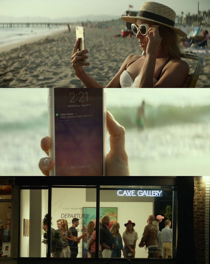 3 Screenshots from the move "Ingrid Goes West" (2017): First, a woman in a straw hat and white sunglasses sits in a chair on a sunny beach, holding up her smartphone. Second, a close-up of the smartphone's screen shows a notification from "Taylor Sloane" at 2:21 on Wednesday, August 3, that reads, "Gallery opening tonight. You in?". Third, an exterior night view through the window of the "CAVE GALLERY," where a group of people are mingling at an art opening.