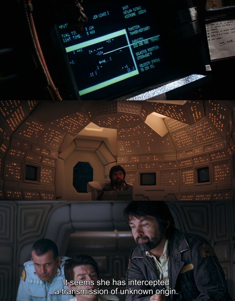 3 Screenshots from the movie "Alien" (1979): First, a dark computer screen displays green text and numerical data related to galactic positioning and velocity, suggesting navigational monitoring aboard a spacecraft. Second, a man sits alone in a futuristic room lined with glowing orange lights and embedded monitors, resembling a control center. Third, three crew members huddle tensely in a sterile, high-tech room as one says, “It seems she has intercepted a transmission of unknown origin.”