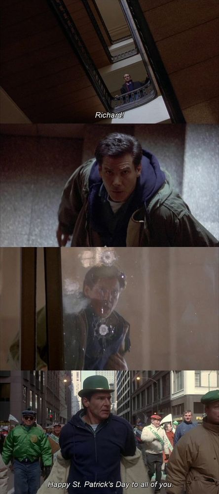 4 Screenshots from the movie "The Fugitive" (1993): First, a high-angle shot looking down a stairwell captures U.S. Marshal Samuel Gerard (Tommy Lee Jones) standing at the top, shouting "Richard!" as he pursues fugitive Dr. Richard Kimble (Harrison Ford). Second, Kimble, wearing a green jacket over a hoodie, looks up in alarm while running down a dimly lit corridor, with tension evident in his expression. Third, Kimble is seen through a glass window with two bullet holes, his reflection distorted by the shattered glass, emphasizing the danger of his escape. Fourth, Kimble, now blending into a bustling St. Patrick’s Day parade, dons a green bowler hat and walks among the crowd, his expression tense yet determined; the subtitle reads, "Happy St. Patrick's Day to all of you."