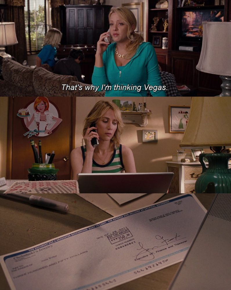 3 Screenshots from the movie "Bridesmaids" (2011): First, a woman in a turquoise top sits in a cozy living room, talking on the phone with the subtitle "That's why I'm thinking Vegas." Second, a woman in a striped tank top sits at a desk in a warmly decorated bedroom, speaking on the phone with a laptop open in front of her. Third, a close-up of a check for $550 dated 07-28-2011, lying on a desk next to a pen and a laptop.