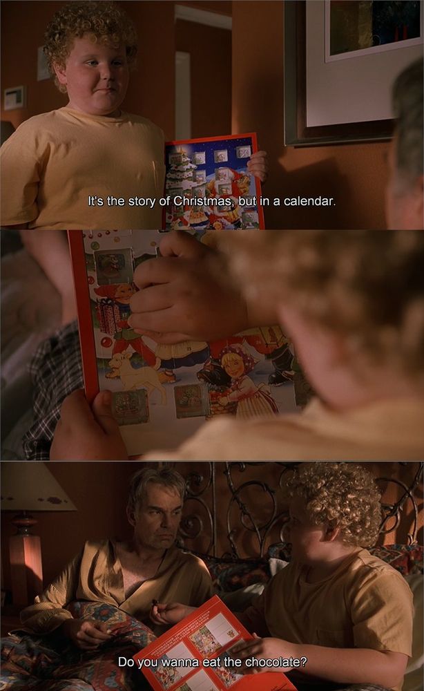 3 Screenshots from the movie "Bad Santa" (2003): First, a young boy with curly hair and wearing a yellow T-shirt stands holding a colorful advent calendar, saying, "It's the story of Christmas, but in a calendar." Second, a close-up of the boy's hands opening one of the door 17, showing detailed festive illustrations and small compartments for chocolates. Third, the boy sits on a bed holding the calendar, while a disheveled man in a gold bathrobe, with unkempt hair and a serious expression, looks at him. The boy asks, "Do you wanna eat the chocolate?" in a dimly lit bedroom.