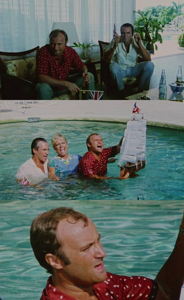 3 Screenshots from the movie "Buster" (1988): First, two men sit in a sunlit living room with tropical plants visible outside, both holding small British flags, with drinks and snacks on the table. Second, three people stand waist-deep in a swimming pool, one of them holding a model ship with a British flag celebrating. Third, a close-up of a man in a red polka-dot shirt in the pool, with a serious solemn look on his face.