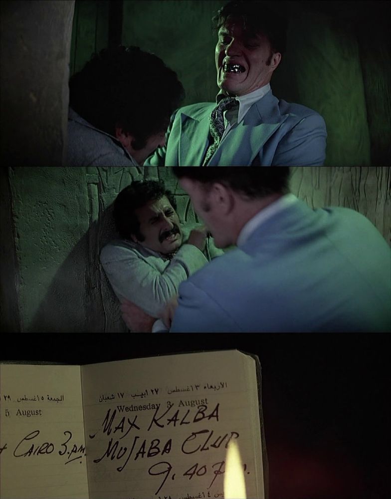3 Screenshots from the move "The Spy Who Loved Me" (1977): First, the henchman Jaws, recognizable by his metal teeth, grimaces while attacking a man in a green-lit room. Second, the victim, a man with a mustache, looks up in terror as Jaws, seen from behind, pins him against a wall. Third, a close-up of an appointment book illuminated by a flame, with handwritten entries for "Wednesday 3 August" that read "MAX KALBA" and "MUJABA CLUB 9.40 P.M.".