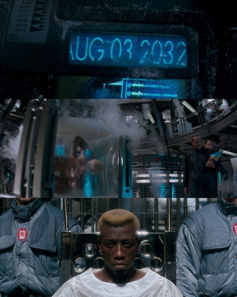 3 Screenshots from the move "Demolition Man" (1993): First, a close-up of a frosted-over, blue digital display on a piece of equipment, showing the date 'AUG 03 2032'. Second, a scene in a futuristic cryogenic facility where a man is suspended inside a large, transparent cylindrical tube, while two officials in dark uniforms observe from a catwalk in the background. Third, a medium shot of Simon Phoenix, played by Wesley Snipes, with bleached blond hair, sitting in a metallic restraint chair and staring intently forward, flanked by two guards in light blue jackets.
