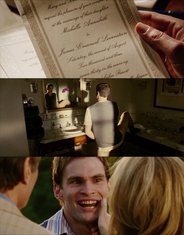 3 Screenshots from the movie "American Wedding" (2003): First, a close-up of a wedding invitation card held in someone's hand, with ornate gold borders and elegant script announcing the marriage of Michelle Annabeth to James Emanuel Levenstein. Second, a man stands in a well-lit bathroom, facing a mirror, with one leg on top of the sink counter. Third, two people are engaged in a close conversation outdoors, with one person facing the camera with an awkward smile.