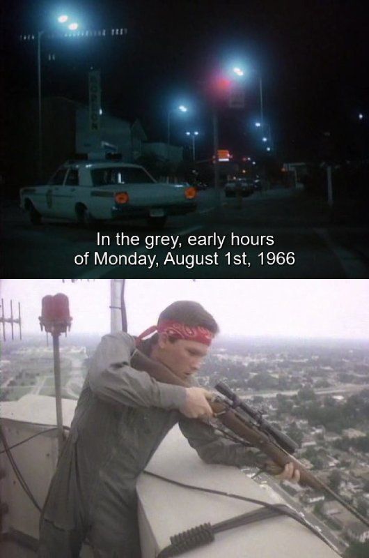 2 Screenshots from the movie "The Deadly Tower" (1975): First, a police car is parked on a dimly lit street at night, with the subtitle "In the grey, early hours of Monday, August 1st, 1966". Second, a man in a jumpsuit and red headband aims a rifle from a high vantage point overlooking a city.