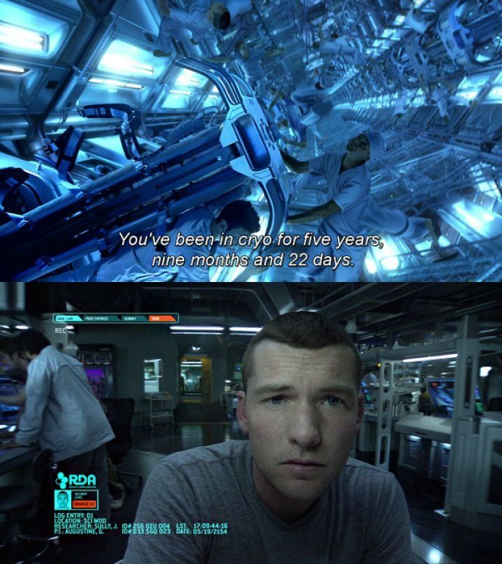 2 Screenshots from the movie "Avatar" (2009): First, a futuristic cryogenic chamber filled with blue light, where technicians in white uniforms tend to people awakening from cryosleep, with the subtitle "You've been in cryo for five years, nine months and 22 days." Second, a high-tech laboratory with digital displays and equipment, where a man sits in front of a camera recording a log entry, with other personnel working in the background.