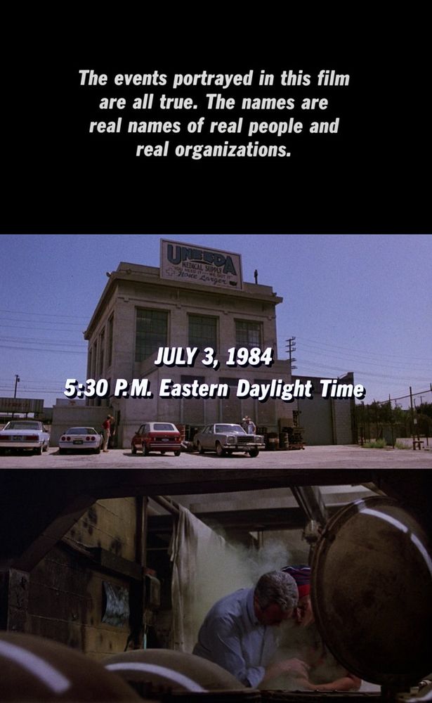 3 Screenshots from the movie "The Return of the Living Dead" (1985): First, white text on a black screen reads, "The events portrayed in this film are all true. The names are real names of real people and real organizations." Second, a wide shot of a concrete building labeled "UNEEDA Medical Supply" with several parked cars and two people standing outside; overlaid text reads, "JULY 3, 1984 5:30 P.M. Eastern Daylight Time." Third, inside a dim industrial setting, a man in a light shirt leans over as greenish gas or smoke escapes, with a sense of urgency or panic.
