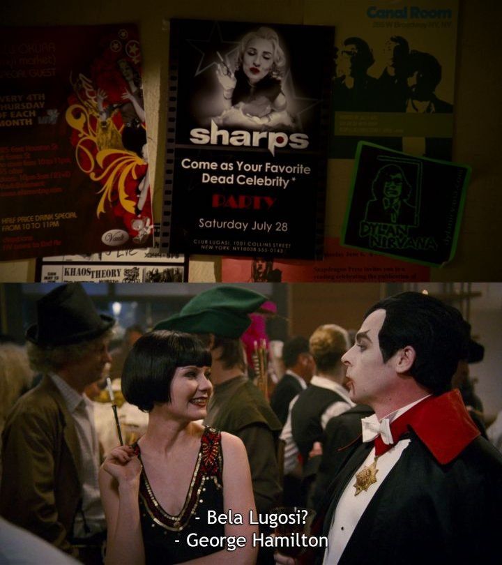 2 Screenshots from the movie "How to Lose Friends & Alienate People" (2008): First, a close-up of a bulletin board with various posters, including one for a "sharps" party inviting people to come as their favorite dead celebrity on Saturday, July 28. Second, a lively costume party scene where a woman in a flapper dress and a man dressed as a vampire converse, with the subtitles "- Bela Lugosi? - George Hamilton."