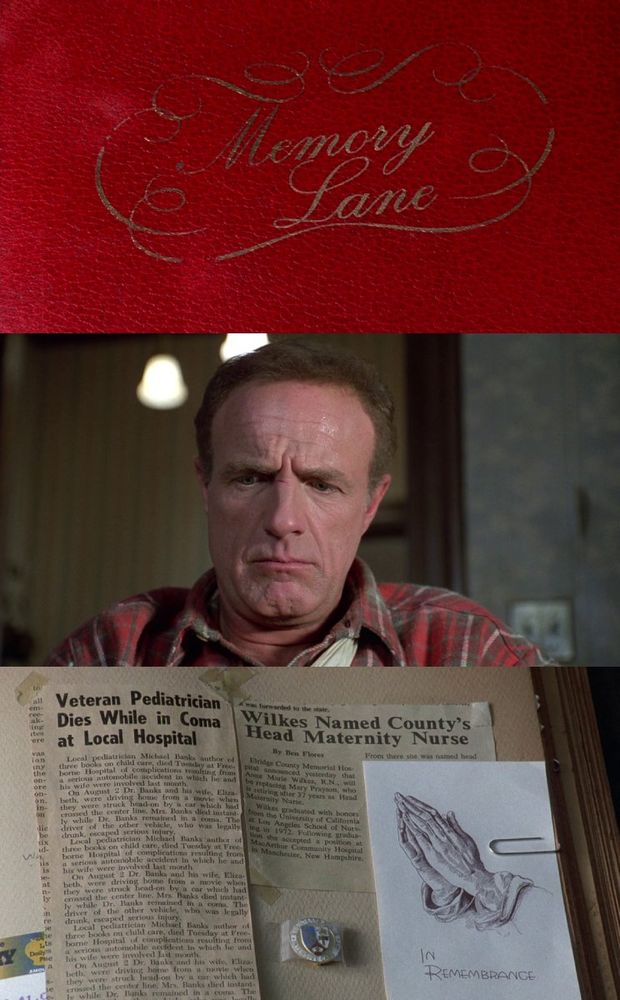 3 Screenshots from the move "Misery" (1990): First, a close-up of a red, leather-bound scrapbook with the words "Memory Lane" embossed in gold, cursive script on the cover. Second, a man with a deeply worried and intense expression, his brow furrowed, wearing a red and black plaid shirt over a white shirt. Third, an open scrapbook page showing various newspaper clippings, including one about a pediatrician who died after an accident on August 2 and another about a nurse named Wilkes, alongside a card that says "IN REMEMBRANCE".